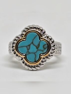 Turquoise Clover Inlay Ring - Silver & Gold Accent